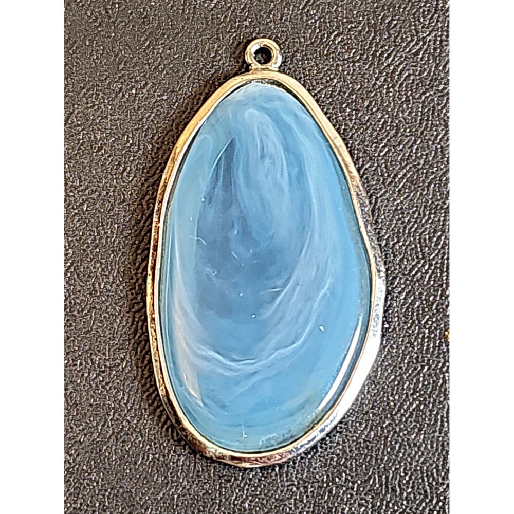 Vintage Light Blue Art Glass Oval Pendant Silver Tone Artisan Handmade Style